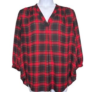 Vince Camuto Womens Plaid Tunic Top‎ Size 2X Red Black Flowy Cabincore Cozy